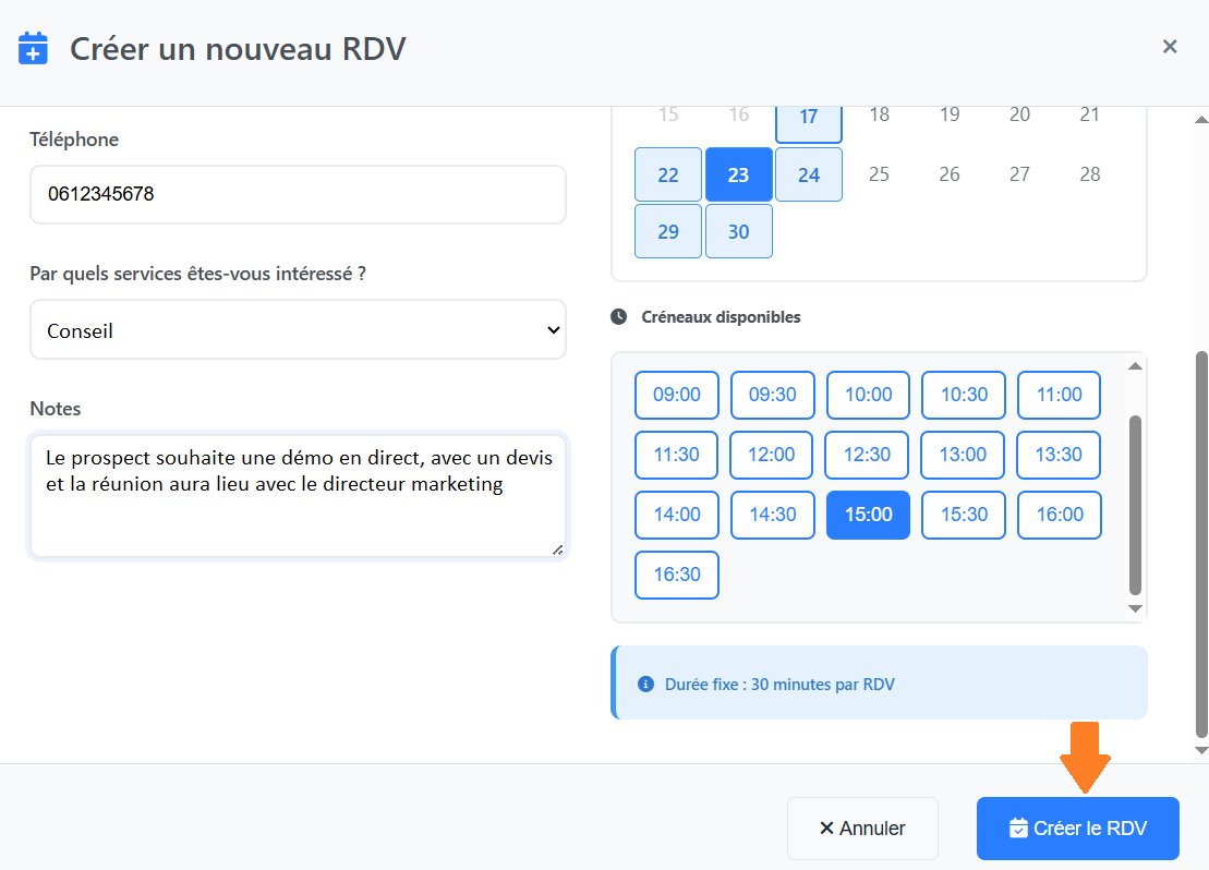 Ajouter un contact dans la base de leads - Finaliser le rendez-vous et valider