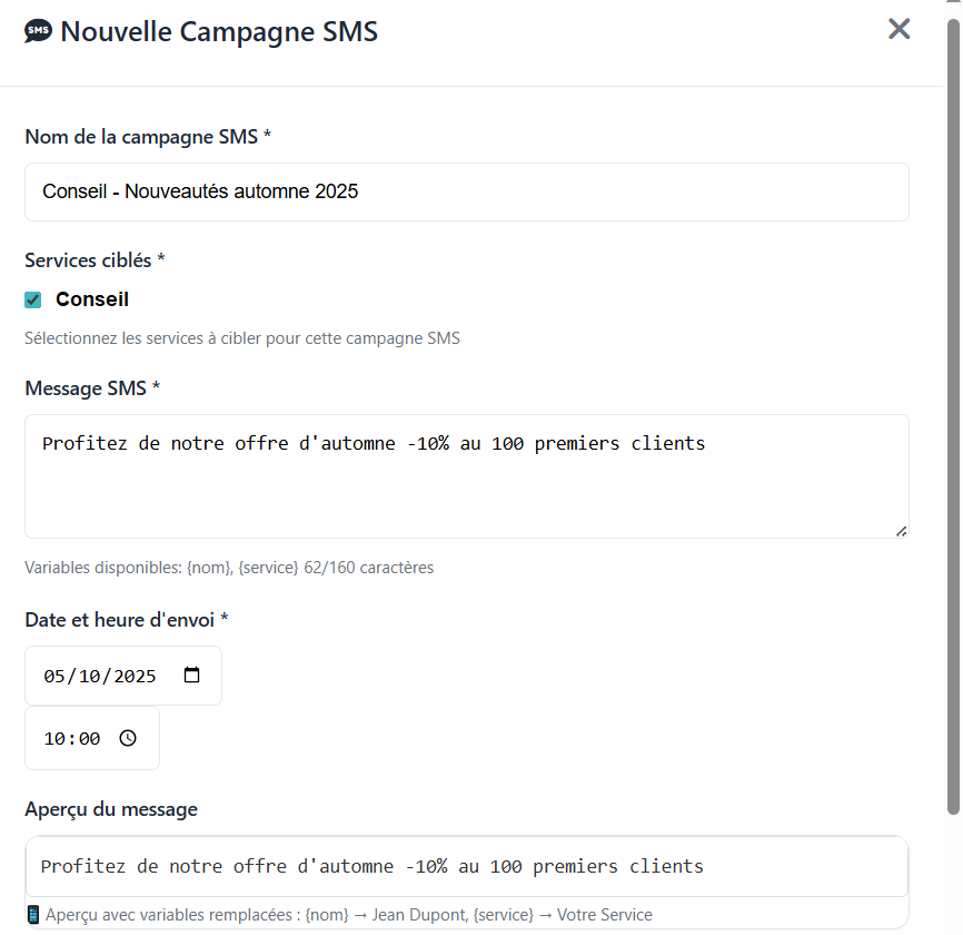 Campagnes de SMS - Paramétrer une campagne