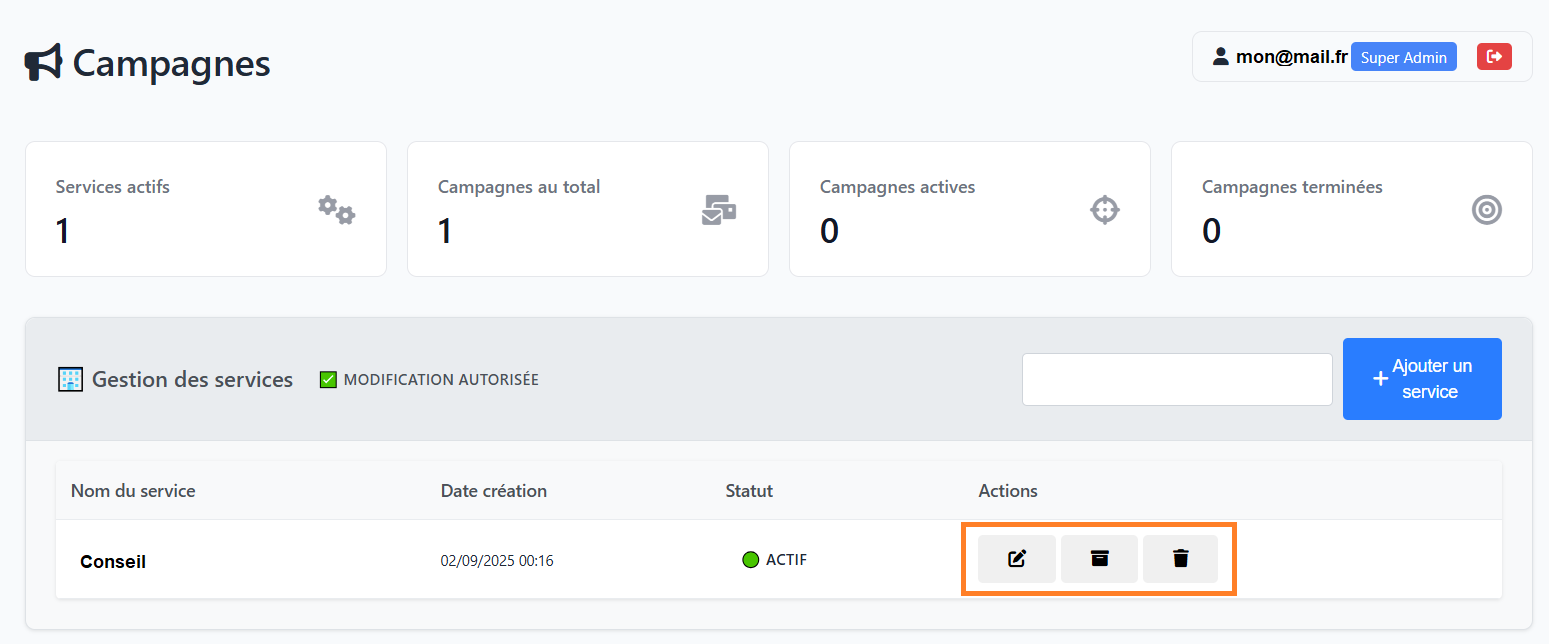 Campagnes de mails et de SMS - Modifier un service