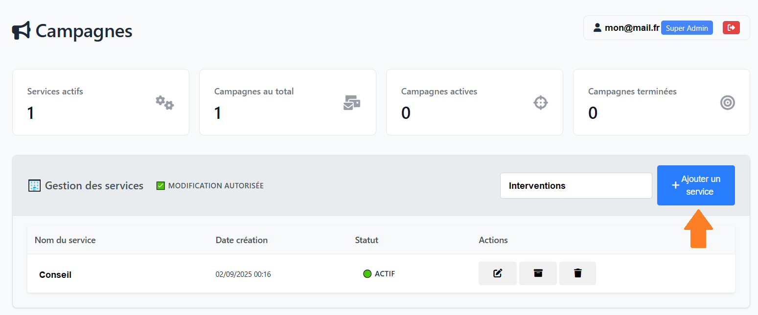 Campagnes de mails et de SMS - Ajouter un nouveau service