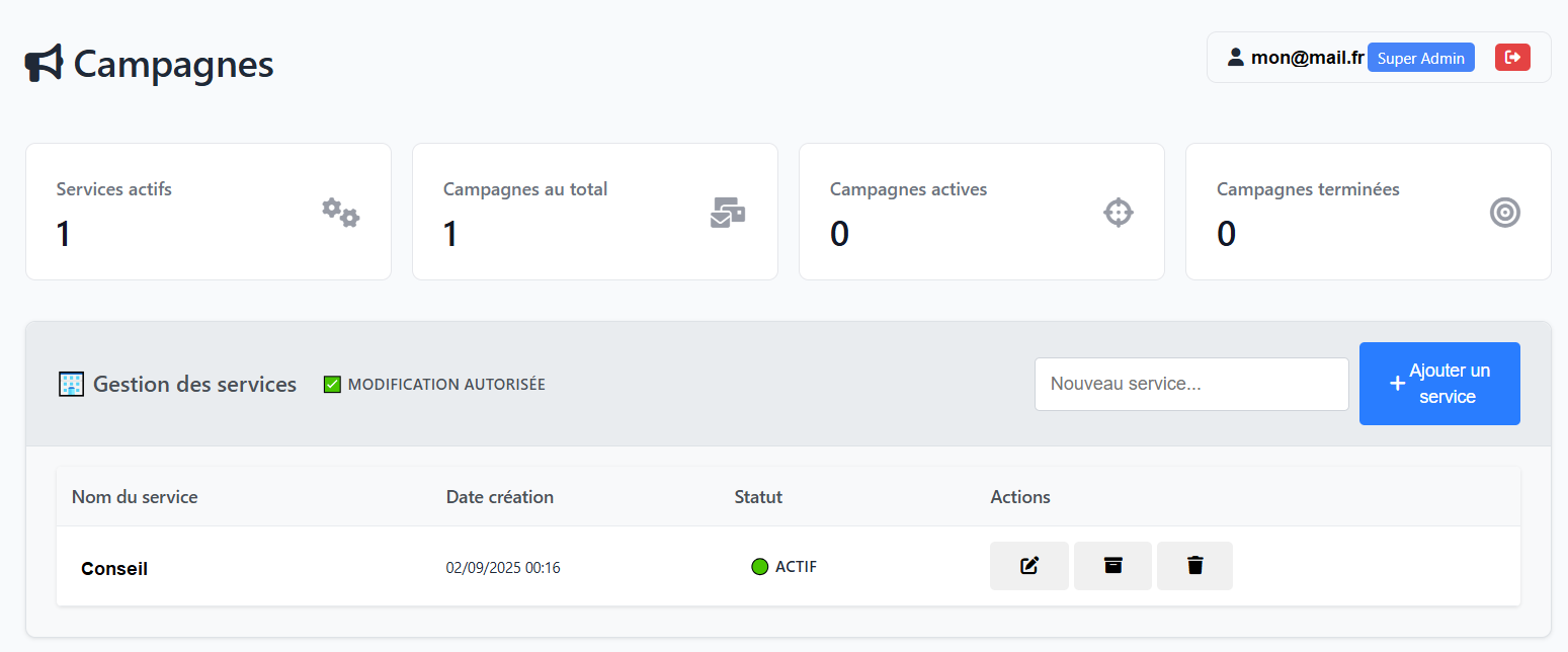 Dashboard des campagnes de mails et de SMS
