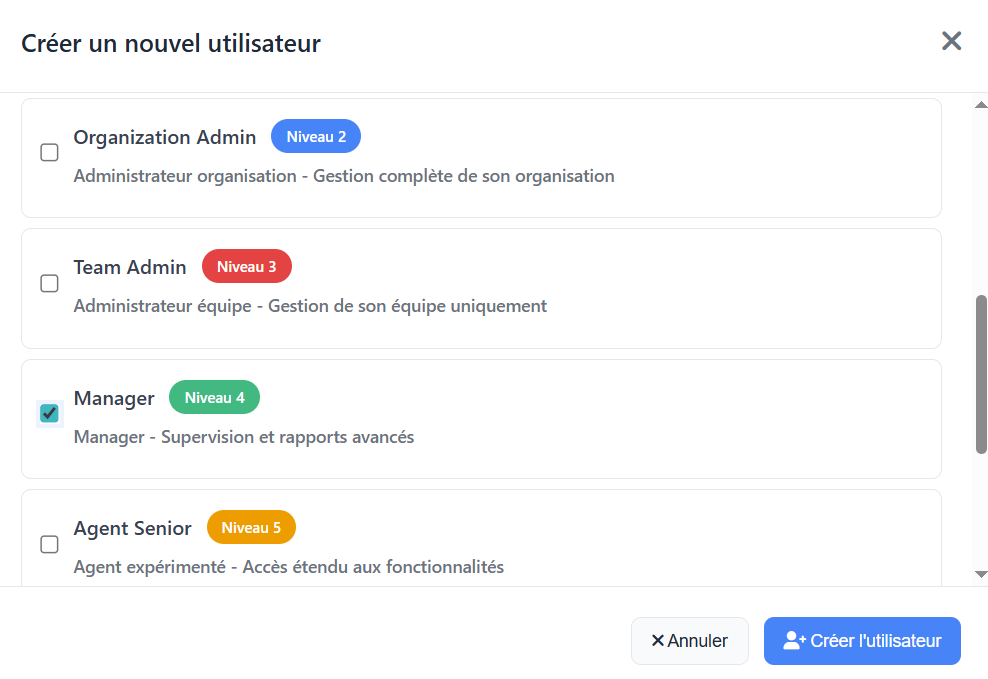 Choisir le rôle de l'utilisateur