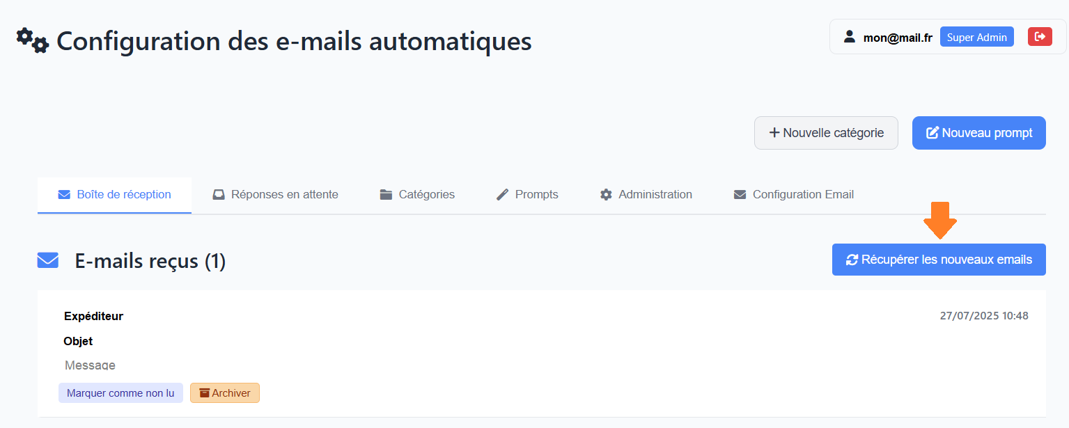 E-mails - Actualiser la boîte de réception