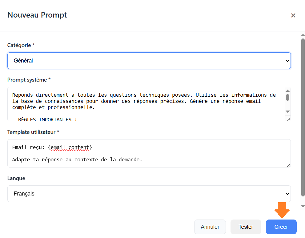 E-mails - Créer un nouveau prompt
