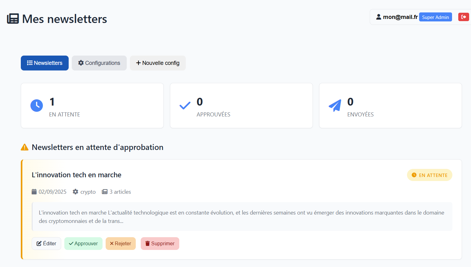 Newsletter en attente d'approbation