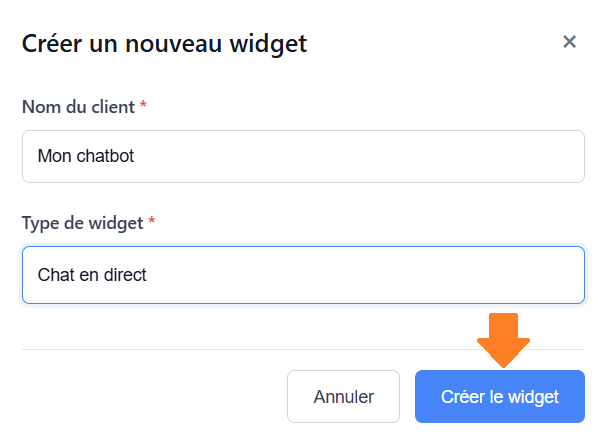 Entrer les informations de widget chatbot et valider