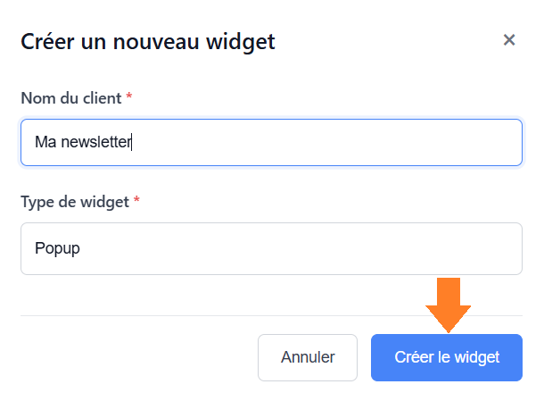 Entrer les informations de widget et valider