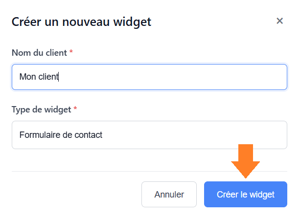 Entrer les informations de widget et valider